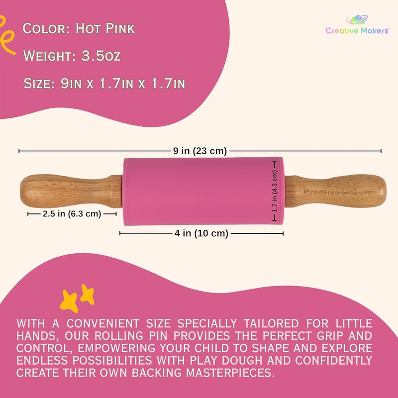 Creative Makers Small Rolling Pin for Kids, Non-Stick Silicone Surface with Wooden Handles for Play Dough and Baking Rolling Pin (Hot Pink) - Image 3